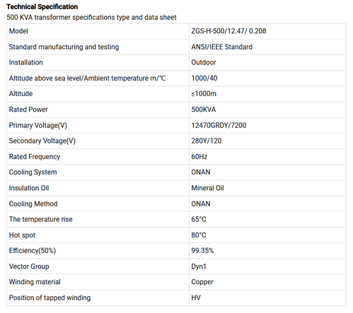 for example :500 kva transformer's data